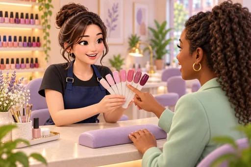 Minh hoạ 3D thợ nail cùng khách so sánh mẫu màu trong tiệm